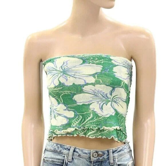 Free People Poppy Tube Blouse Top Cropped Floral Smocked Ruffle L NWD 272141 - Picture 6 of 10
